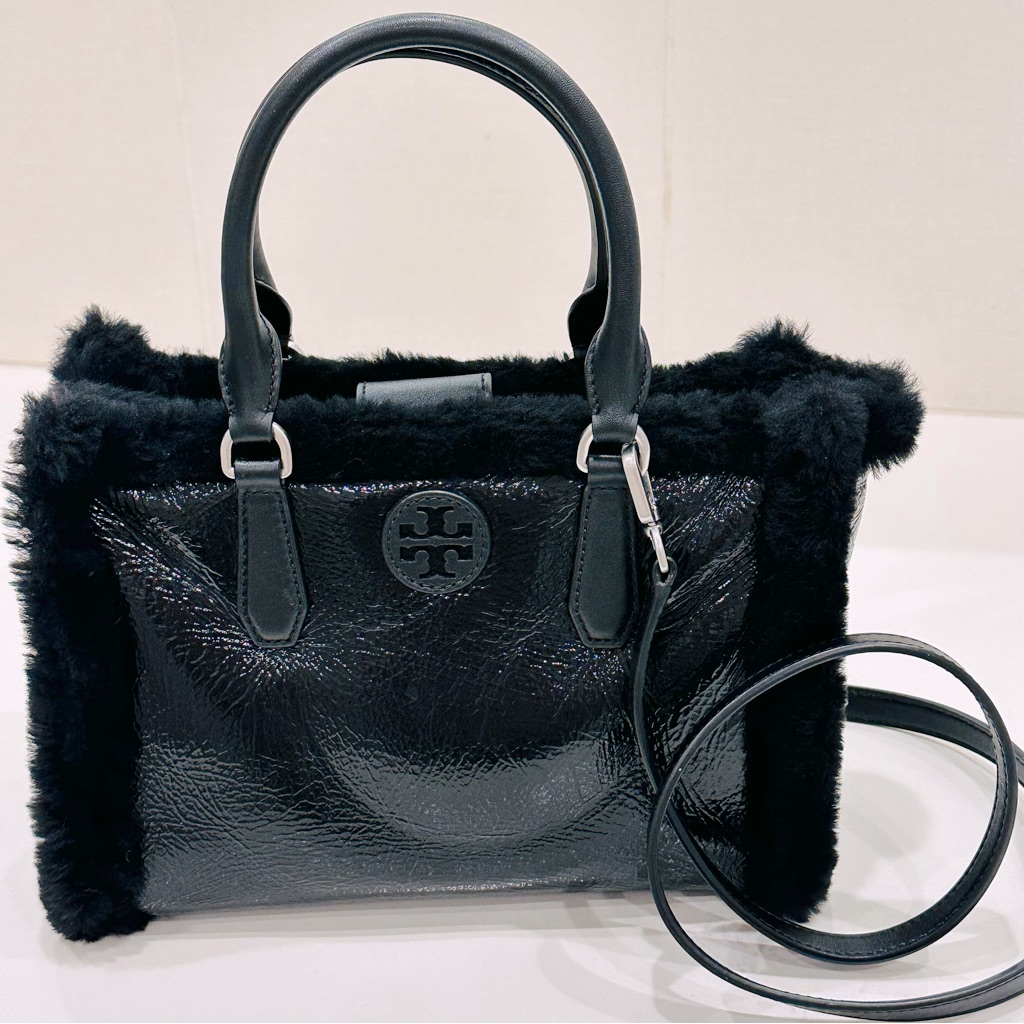 Tory Burch Blake Patent Leather Shearling Small Tote Crossbody In Black